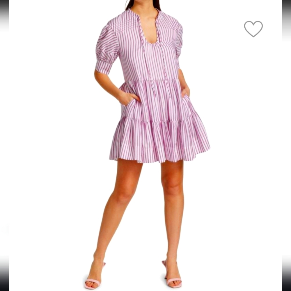 Tanya Taylor Calyn Dress Pink Stripe Mini Tiered Flouncy A-Line Ruffles XS